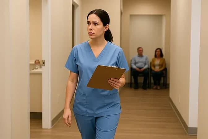 Busy clinic hallway indicating staff searching and waiting